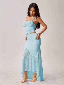 SHEIN PETITE 女装春夏度假结婚季透视蕾丝不对称下摆背心和低腰包臀鱼尾荷叶边加长不对称下摆裙两件套淡蓝色两件套 - 淺藍色 - 查看 7