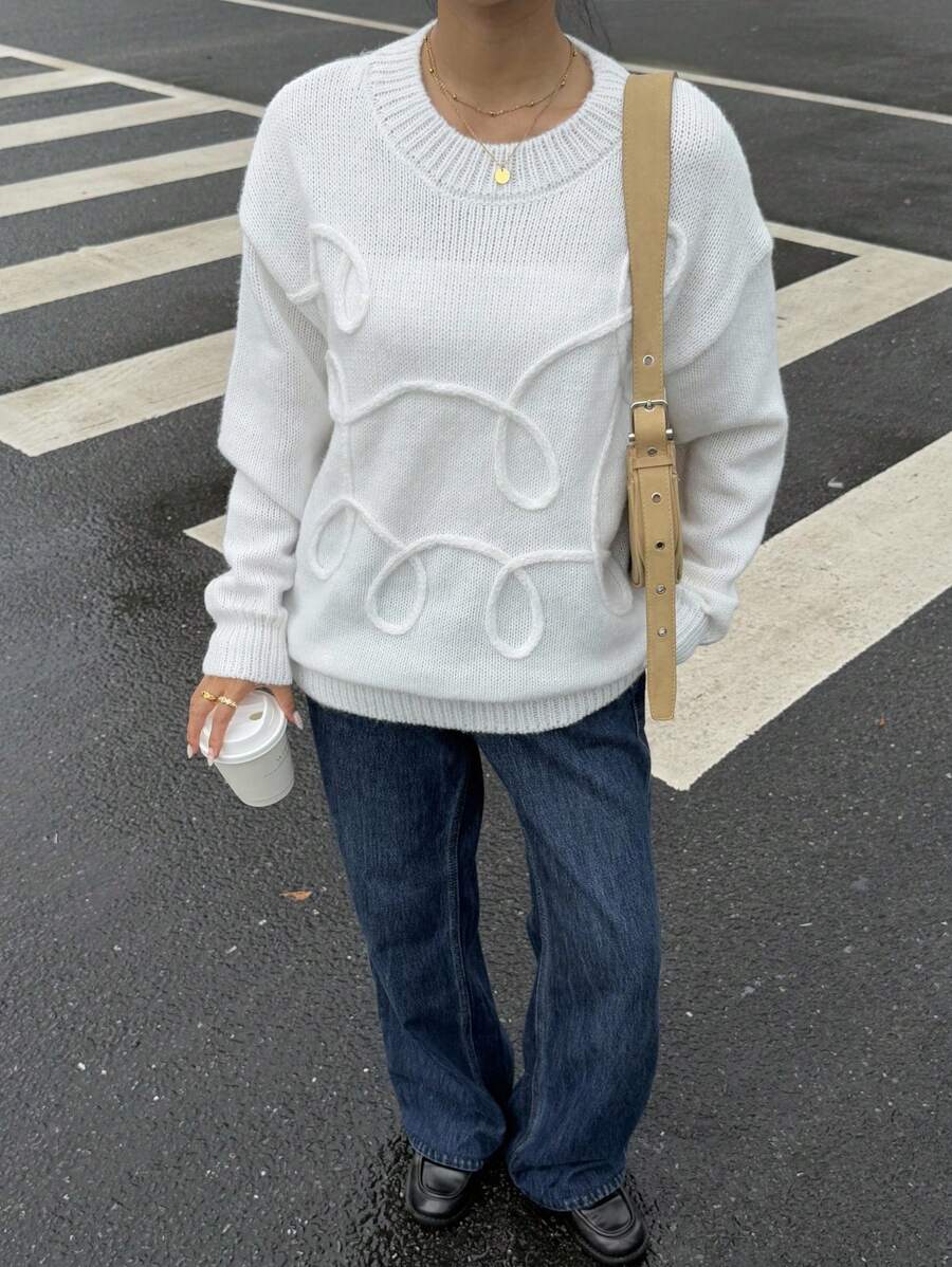 Muchica Casaco de Malha Casual Solto de Ombros Caídos com Cor Sólida, Outono