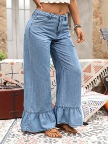 EMERY ROSE Plus Size Women Ruffle Hem Pockets Casual Denim Pants, Suitable For All Seasons - Blue - View 6