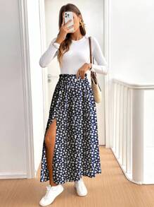 SHEIN Frenchy 蓝色女士休闲度假高开叉喇叭裙，碎花图案，适合夏季 - 彩色 - 查看 4