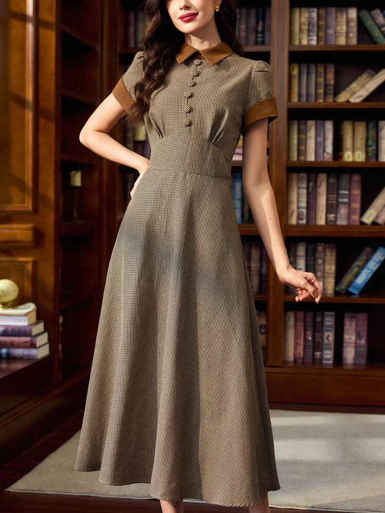 Vintamour Vestido retro clásico y elegante para mujer con bloques de color a cuadros, cuello, manga corta, silueta entallada y acampanada, apropiado para primavera/verano - Café - Añade 1