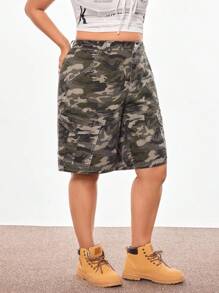 SHEIN ICON 大码多口袋迷彩实用牛仔短裤 - 彩色 - 查看 3