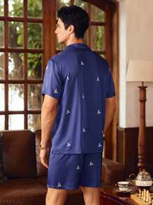 Manfinity Men's Geometric Print Button Front Short Sleeve Top And Elastic Waist Pants Pajama Set - Multicolor - View 2