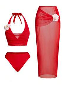 Swim Oasis Bộ bikini hở lưng họa tiết hoa 3D đi biển dành cho nữ kèm áo choàng và váy, mùa hè - Đỏ - Xem 10