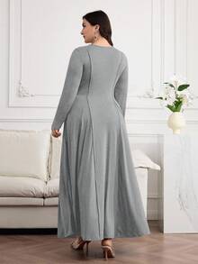 Mulvari Plus Size Women V-Neck Long Sleeve Elegant Solid Color Dress - Grey - View 2