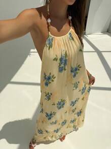 Aloruh Vestido largo con estampado floral, cuello profundo en V con volantes y espalda descubierta para playa para mujer - Multicolor - Ver 2