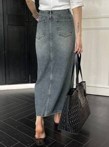 DAZY 女士夏季开衩常规中腰长款休闲牛仔裙 - 中等水洗藍 - 查看 3