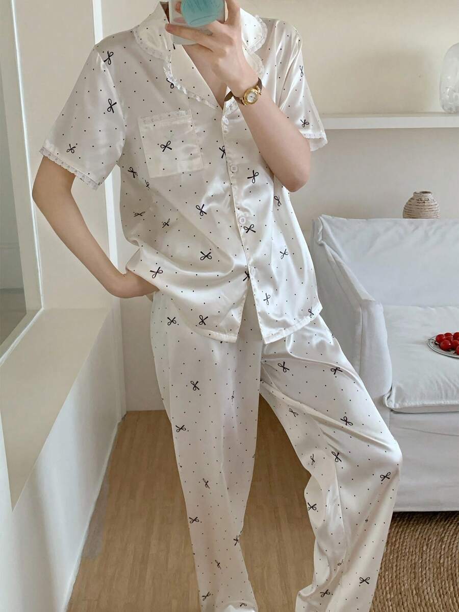 1 套青少年女孩蝴蝶结和波尔卡圆点印花白色短袖开衫和裤子柔软家居服女士睡衣套装纽扣睡衣套装 - 白色 - 查看 1