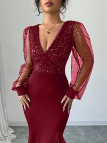 Rafferiza Elegant Sexy V-Neck Waisted High Slit Dress, Sequins Splicing Elastic Knit, Black, Suitable For Party, Daily Dates, Party & Winter Maxi Women Outfit Looks Of Party Fall Cloth For Women