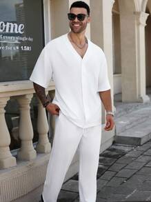 Manfinity Homme Plus Size Men's Solid Color Short Sleeve Single-Breasted Shirt And Pants Casual 2-Piece Set - White - View 1