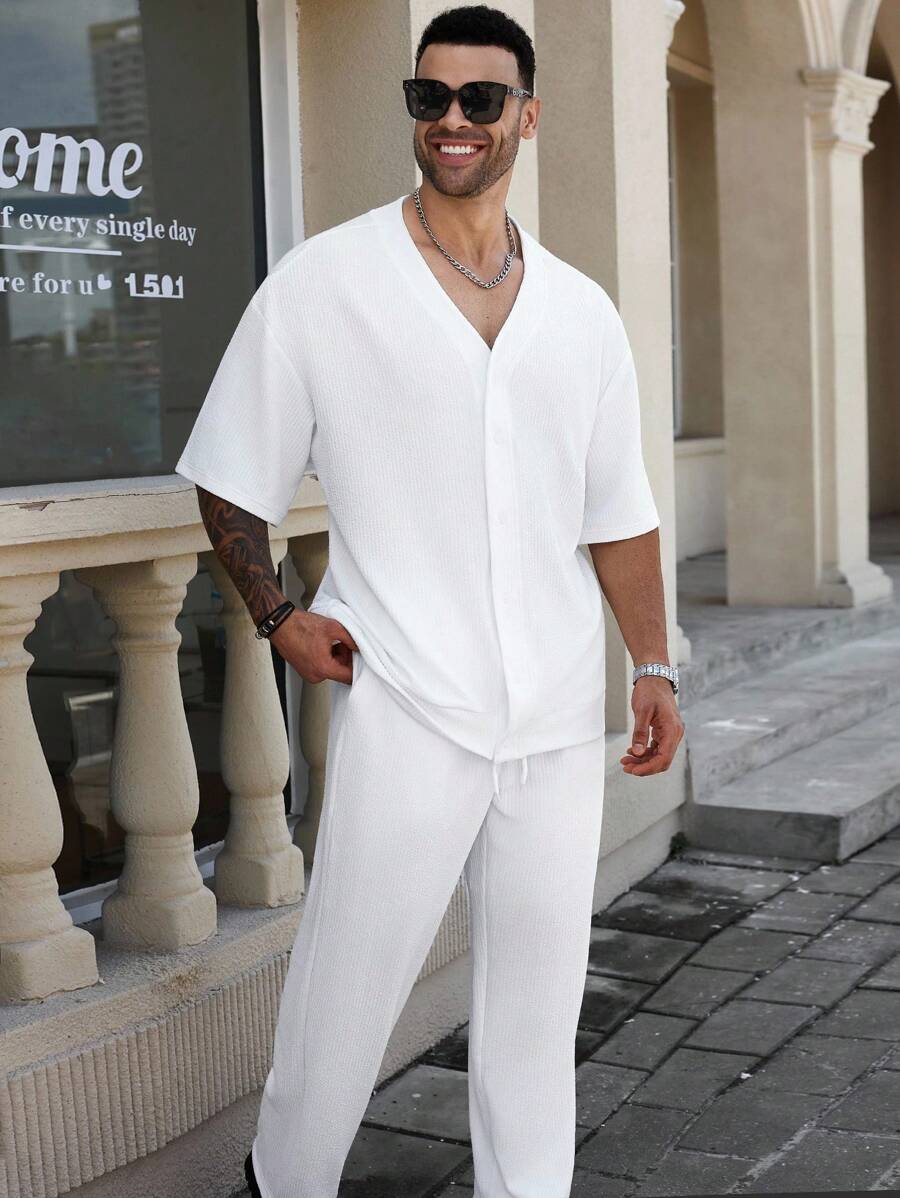 Manfinity Homme Plus Size Men's Solid Color Short Sleeve Single-Breasted Shirt And Pants Casual 2-Piece Set - White - View 1