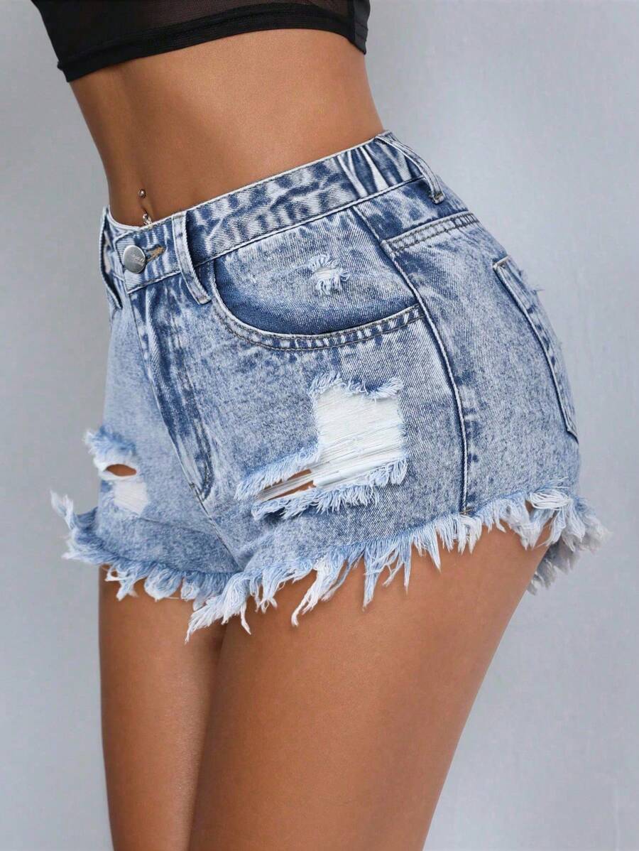 SHEIN ICON Plus Size Fashion Casual Summer Versatile Distressed Denim Shorts