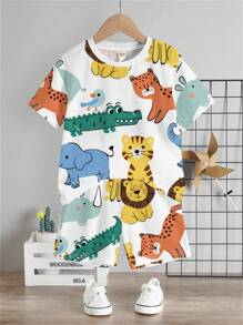 SHEIN 2pcs/Set Baby Boy Casual Cartoon Animal Print Round Neck Short Sleeve T-Shirt And Shorts Set, Summer - Multicolor - View 3