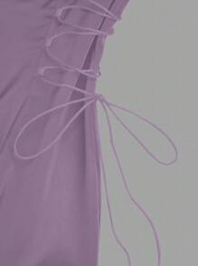 Elenzga Đầm Maxi Satin Tay Loe Cinched A-Line Màu Mơ Thanh Lịch Cho Nữ - Bụi tím - Xem 6