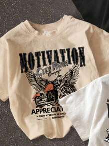 SHEIN 青少年男孩 3 件套复古赛车和摩托车印花图案 T 恤，休闲宽松圆领短袖 T 恤，白色、黑色、米色，夏季，棉混纺 - 彩色 - 查看 3