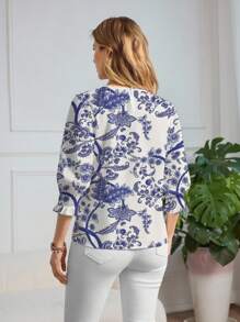 Glamance Marina Oliveira Chemise élégante à motif floral, col rond, manches mi-longues. Bleu et blanc. Tenue décontractée chic pour femme de bureau en été. Tenue de plage pour femme.