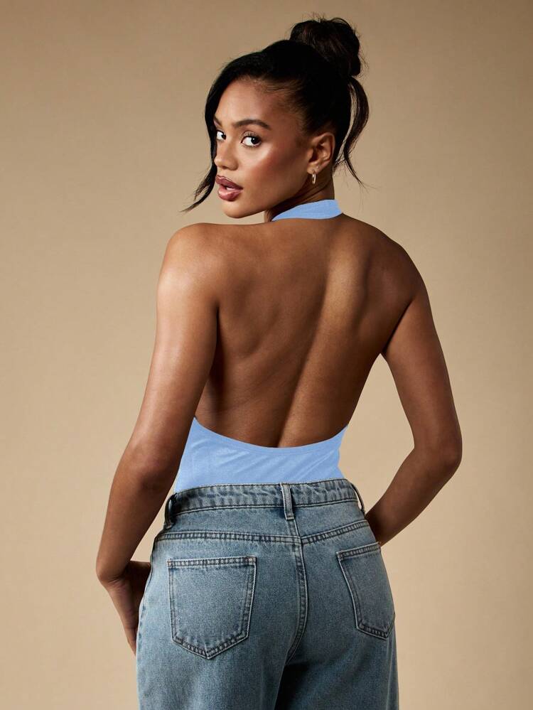 MISSGUIDED V Neck Halter Bodysuit Summer Plunge Neckline Backless Sleeveless Form Fitting Party Casual Evening Occasion Wear Elegant Design
