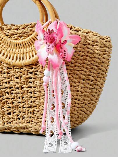 Kawaii 1 قطعة حقيبة شاطئ ذات طراز بوهيمي استوائي مزينة بالأزهار ، سلسلة مفاتيح مزينة بالأوركيد