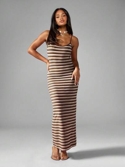 MISSGUIDED Sleeveless Striped Fitted Maxi Dress Spaghetti Strap Summer Casual Beach Vacation Resort Wear Bodycon Ankle Length Evening Party