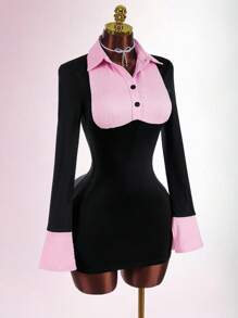 Amplova 女式撞色条纹拼布修身迷你连衣裙 - 黑色 - 查看 7