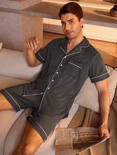 Manfinity Underwear&Sleepwear Basics 男士拼接滾邊家居服套裝