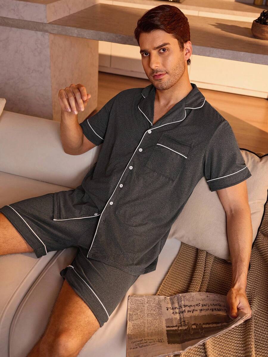 Manfinity Underwear&Sleepwear Basics 男士拼接滾邊家居服套裝 - 深灰色 - 查看 1