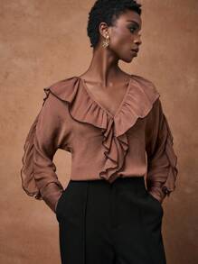 Zivah 2025 夏季新款母亲节、婚礼、生日派对、休闲、度假、时尚、街头风格、优雅、商务休闲女士宽松深 V 领荷叶边袖拼布衬衫 - 棕色 - 查看 6