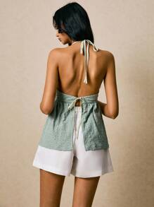 Poéselle Women's Summer Sexy V-Neck Halter Backless Embroidered Ruffle Hem Top - Green - View 2