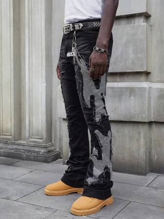 Street Life Pantalones vaqueros con brillantes diamantes y vuelo para hombres