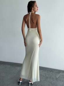 Aloruh Đầm Maxi Nàng Tiên Cá Hở Lưng Khoét Hở Ren Chắp Vá Mới Gợi Cảm - Màu be - Xem 4