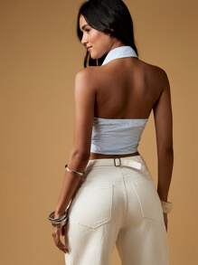 MISSGUIDED Top corto con escote halter y abotonado, diseño acanalado, espalda descubierta, informal de verano, playa, sin mangas, blusa tipo resort, estilo profesional de oficina