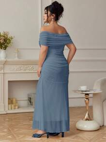 Modelyn Váy midi lưới trễ vai xếp nếp thanh lịch cỡ lớn dành cho nữ, dành cho những buổi hẹn hò - Màu xanh lam - Xem 2