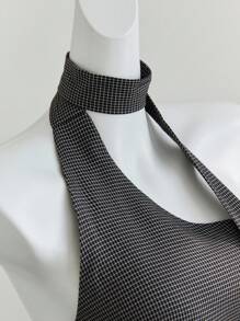 SHEIN Unity 不对称格子荷叶边不对称下摆蕾丝连衣裙 - 黑色 - 查看 5