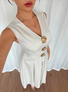 Rafferiza Váy chữ A không tay cổ chữ V có nút kim loại màu vàng hồng, eo thắt - Màu be - Xem 4