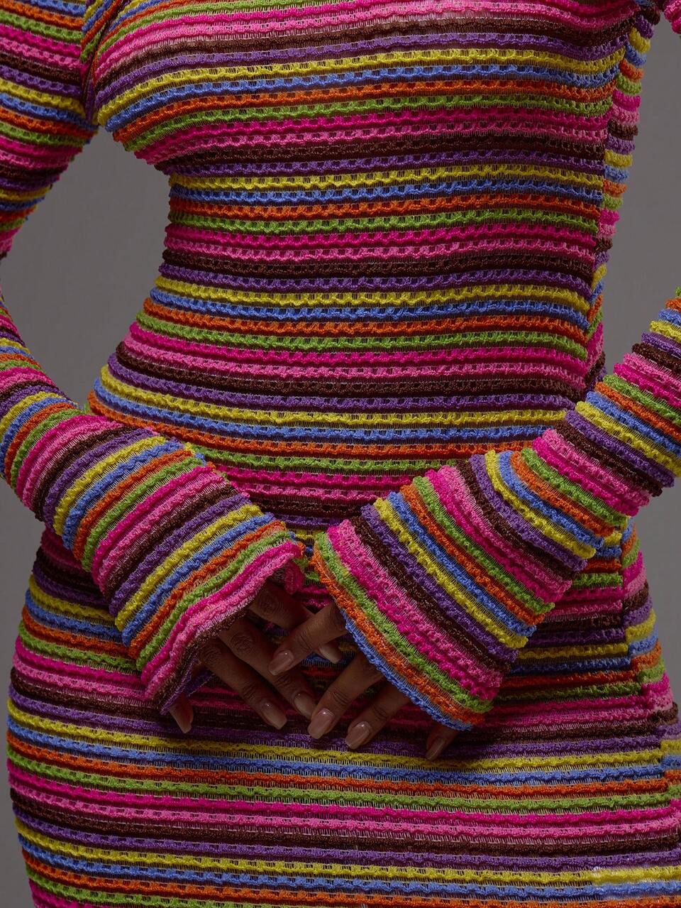 Round Back Flared Sleeve Crochet Striped Mini Dress Boho Festival Holiday Beachwear Summer Vacation Cute Elegant Ibiza Date Night Night Out Birthday