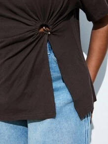 Maija Plus Size Women's Cotton Round Neck Short Sleeve T-Shirt, With Metal Ring Design On Front Waist, Business Casual Basic Top,For Vintage Women Old Money Teacher For Women Romantic, Fashion, Versatile Summer Women Party Top Beach Holiday Vacation Going Out Graduation Elegant Women's Blouses Casual Blouses Formal Attire Work Office For Women - Brown - View 5