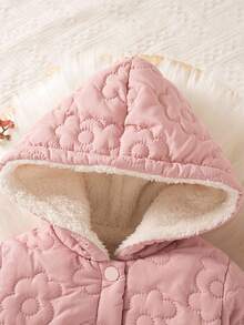 SHEIN Playful Pals 1 Stück Winterjacke für Baby Mädchen, neues Herbst/Winter Blumenstich Muster Kapuzen Dicke Kawaii Lässig Vielseitig Einfarbig Rosa Knopf Vorne Warmer Mantel - Pink - Übersicht 6