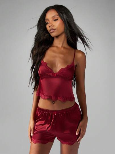 MISSGUIDED Luxurious Satin Lace Trim Camisole Pajama Set Sweetheart Neckline Short Sleepwear Loungewear Gift Ready Valentine Day Night Wear