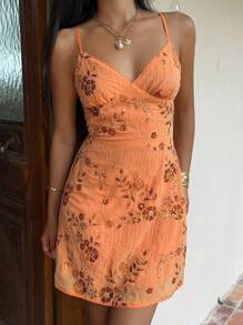 SHEIN EZwear Đầm mini thêu họa tiết sequin chắp vá màu trơn cho nữ - trái cam - Xem 1