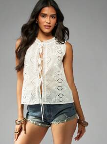 MISSGUIDED 孔眼蕾丝衬衫系带前波西米亚风夏季背心无袖背心女性海滩度假节日装英国刺绣 - 白色 - 查看 5