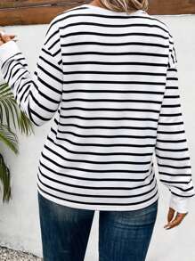 EMERY ROSE 加大码圆领长袖条纹休闲百搭T恤，秋冬图案T恤女式春季上衣