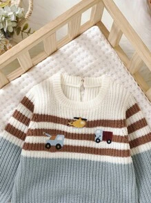 SHEIN Infant & Toddler Car Embroidered Jumpsuit, Striped Patchwork Design Baby Boy Cute Long Sleeve Romper Baby Boy Romper Newborn Boy Clothes Infant Sweater Romper Knitted Baby Romper Winter Baby Jumpsuit Baby Boy Jumpsuit Knitted Romper Winter Baby Clothes Newborn Boy Winter Clothes Infant Sweater Jumpsuit Baby Boy Knit Romper Warm Baby Boy Romper Baby Boy Jumper Baby Boy Romper Outfit Winter Baby Boy Clothes Newborn Boy Jumpsuit Fall - Blue - View 3