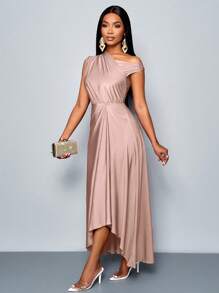 SOLERSUN Thời trang xuân hè cho nữ, tiệc sang trọng, màu tím, chất liệu dệt kim co giãn, thoải mái, chi tiết xếp nếp, váy dài xẻ tà, cổ áo bất đối xứng, viền bất đối xứng - Hồng - Xem 7