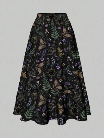 Goth تنورة صيفية للنساء بنمط طبعة زهري ثلاثي الطبقات بطبعات الفراشة والنبات والأفعى والنجم والقمر والعين بطراز جوتيك وفينتاج