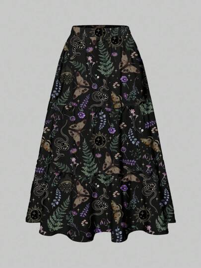 Gothic & Vintage Style Butterfly, Plant, Snake, Star, Moon & Eye Print 3-Layer Floral Pattern Summer Skirt For Women