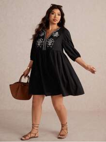 Elaquor Plus Size Casual Minimalist Vacation Embroidered V-Neck A-Line Loose Dress For Women, 3/4 Sleeve, Black,Fall Clothes For Women - Black - View 1