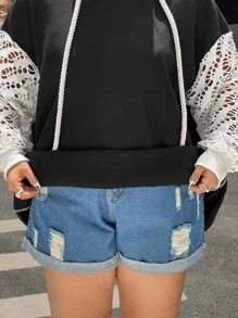 SHEIN EZwear 大码女式撞色长袖抽绳卫衣，秋冬女装 - 黑色 - 查看 4