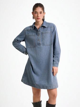 Daynim 女式纽扣前襟半开襟长袖口袋宽松休闲牛仔连衣裙