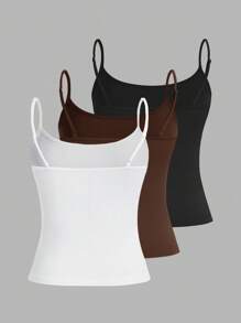 SHEIN PETITE CURVE 大码女式三件套紧身休闲背心（细肩带） - 巧克力棕 - 查看 2