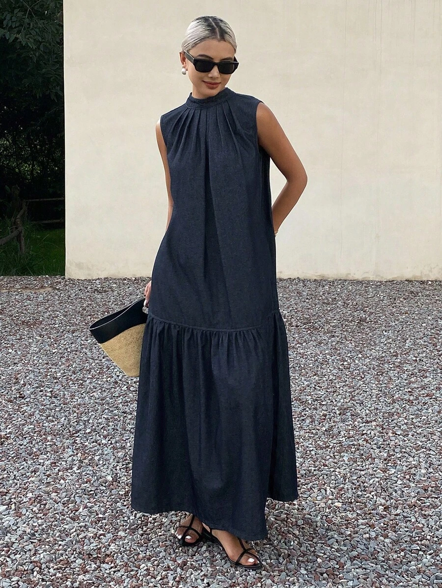 DAZY 女士夏季露背无袖牛仔伞裙度假装 - 藍色 - 查看 1